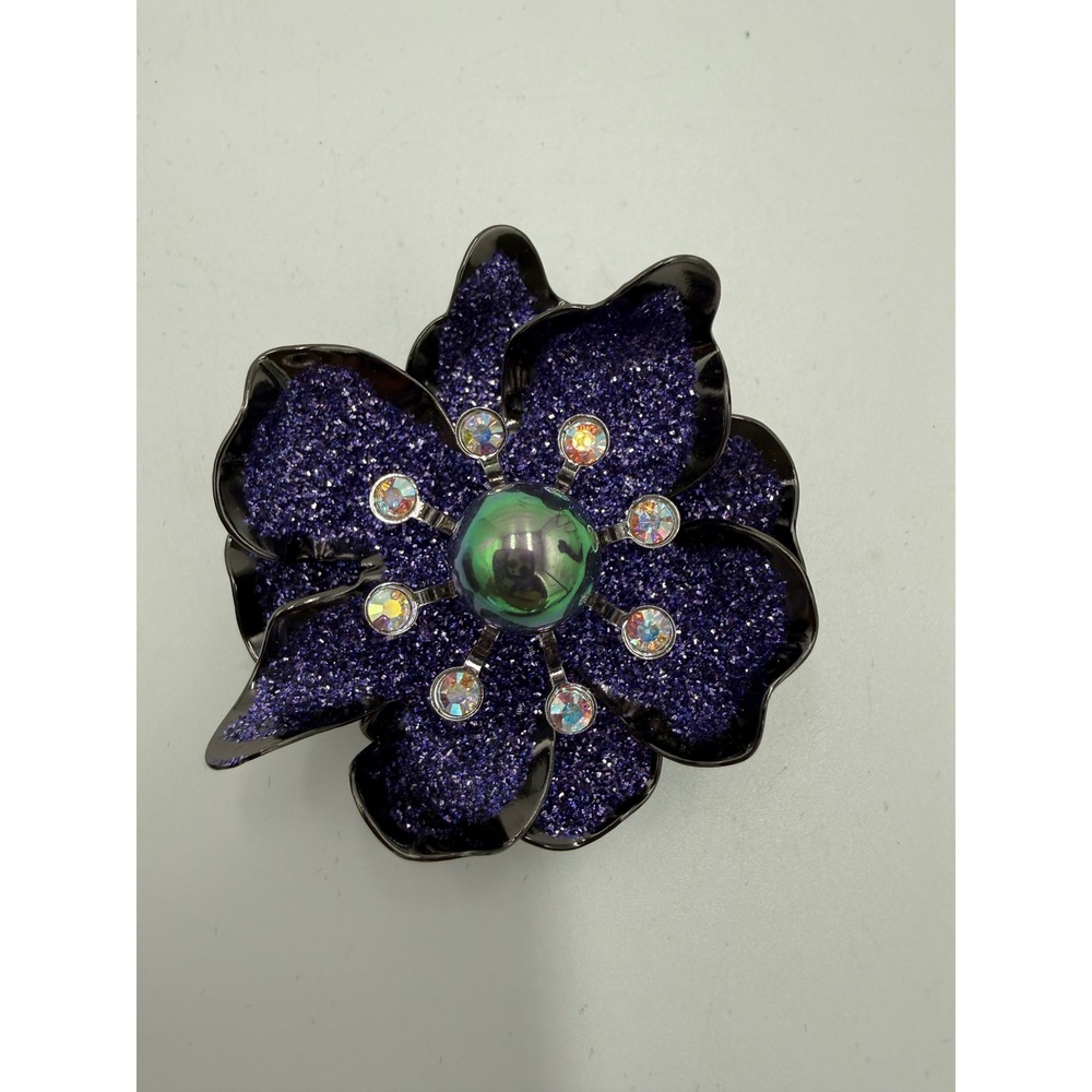 Joan Rivers Classics Purple Glitter Flower Brooch AB Rhinestone Green Faux Pearl